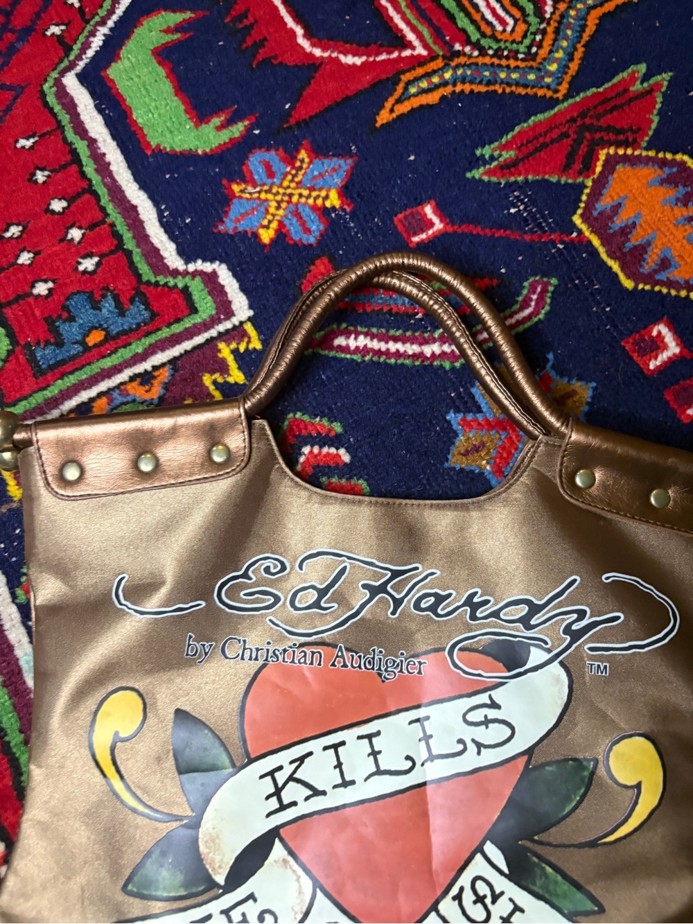 Y2K VINTAGE ED HARDY TOP HANDLE BROZE METALLIC GRAPHIC BAG PURSE - Picture 5 of 10